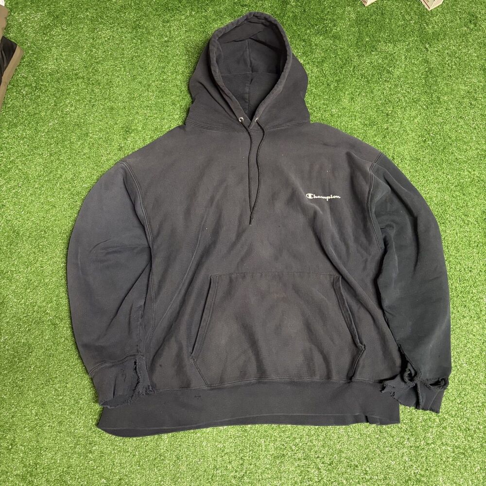 Vintage Champion Reverse Weave Sweatshirt Black 2XL Distressed Thrashed Y2K
